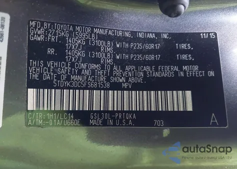 2015 Toyota Sienna Xle 8 Passenger z USA, uszkodzony, nr VIN 5TDYK3DC5FS681538